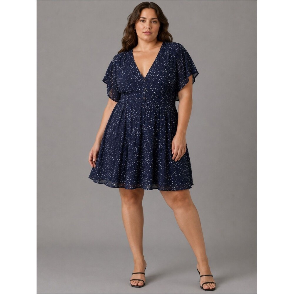 NWT Showpo Navy White Polka Dot Mini Dress Women’s 14 Button Front Flutter Sleev